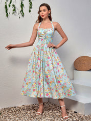 Benedita | Vestido Midi Floral com Alças Finas, Costas Abertas e Saia Rodada