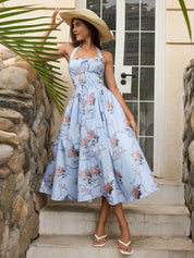 Benedita | Vestido Midi Floral com Alças Finas, Costas Abertas e Saia Rodada