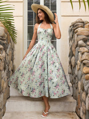 Benedita | Vestido Midi Floral com Alças Finas, Costas Abertas e Saia Rodada