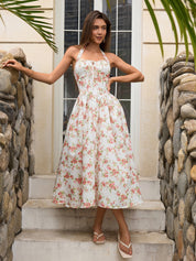 Benedita | Vestido Midi Floral com Alças Finas, Costas Abertas e Saia Rodada