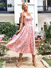Benedita | Vestido Midi Floral com Alças Finas, Costas Abertas e Saia Rodada