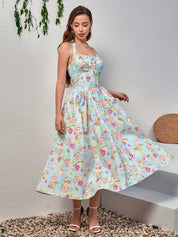 Benedita | Vestido Midi Floral com Alças Finas, Costas Abertas e Saia Rodada
