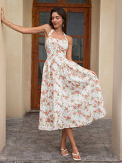 Benedita | Vestido Midi Floral com Alças Finas, Costas Abertas e Saia Rodada