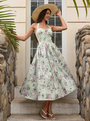 Benedita | Vestido Midi Floral com Alças Finas, Costas Abertas e Saia Rodada