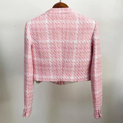 Blazer Curto de Tweed Rosa: Elegância em Tons Pastéis e Acabamento de Luxo