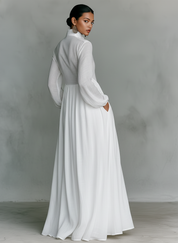 Aurora | Vestido Longo Branco com Decote em V, Manga Longa e Saia Ampla