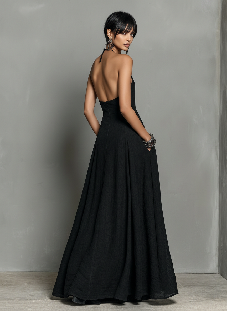 Selma | Vestido Longo Preto com Halter e Saia Volumosa
