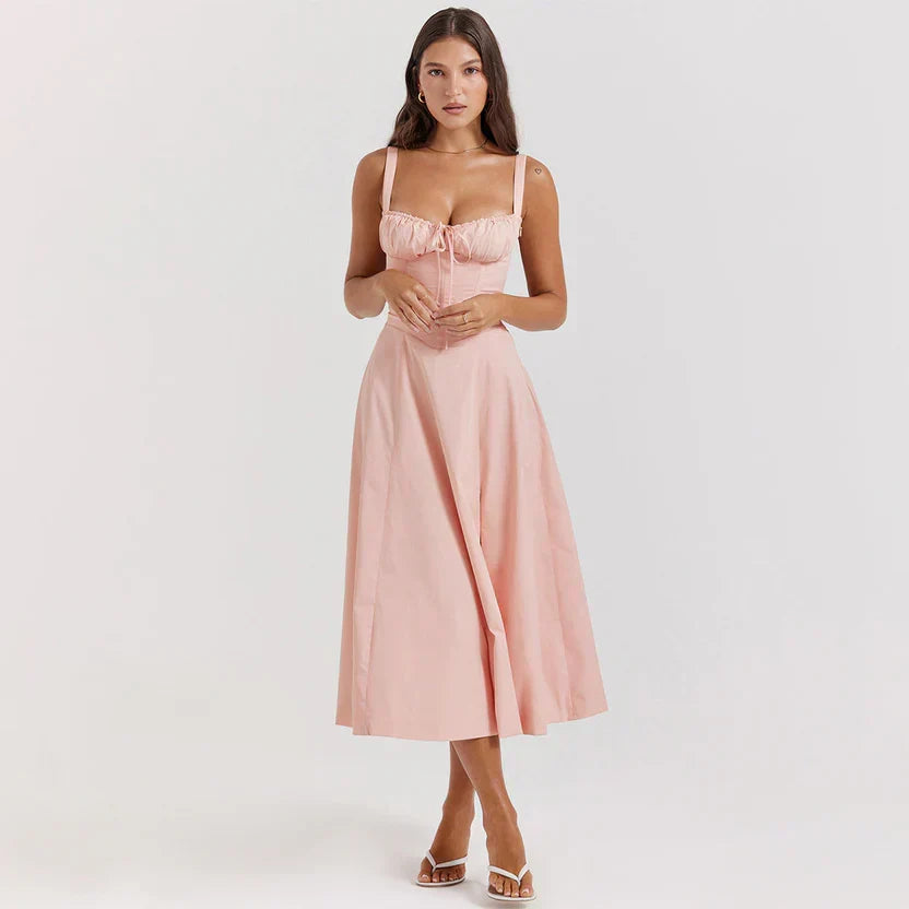 Adriana | Vestido Midi Azul Marinho com Corpete Franzido e Saia Evasê