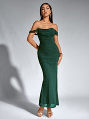 Brunilda | Vestido Midi Chocolate com Ombros Caídos e Franzido