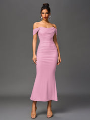 Brunilda | Vestido Midi Chocolate com Ombros Caídos e Franzido