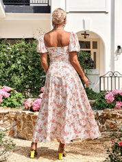 Marcelina | Vestido Midi Floral Azul com Manga Bufante e Fenda Alta