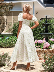 Marcelina | Vestido Midi Floral Azul com Manga Bufante e Fenda Alta