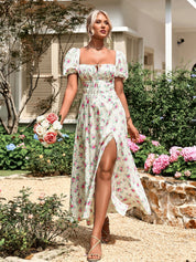 Marcelina | Vestido Midi Floral Azul com Manga Bufante e Fenda Alta