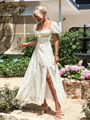 Marcelina | Vestido Midi Floral Azul com Manga Bufante e Fenda Alta