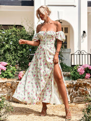 Marcelina | Vestido Midi Floral Azul com Manga Bufante e Fenda Alta