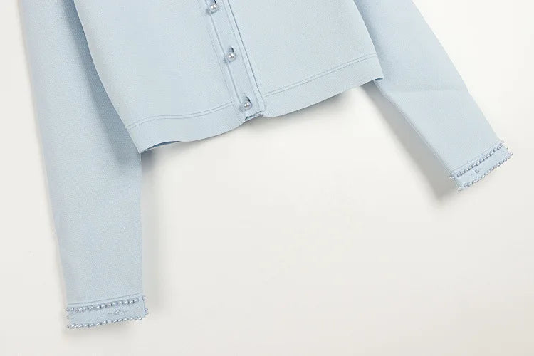 Cardigan em Tricô com Aplicações de Pérolas – Azul Serenity