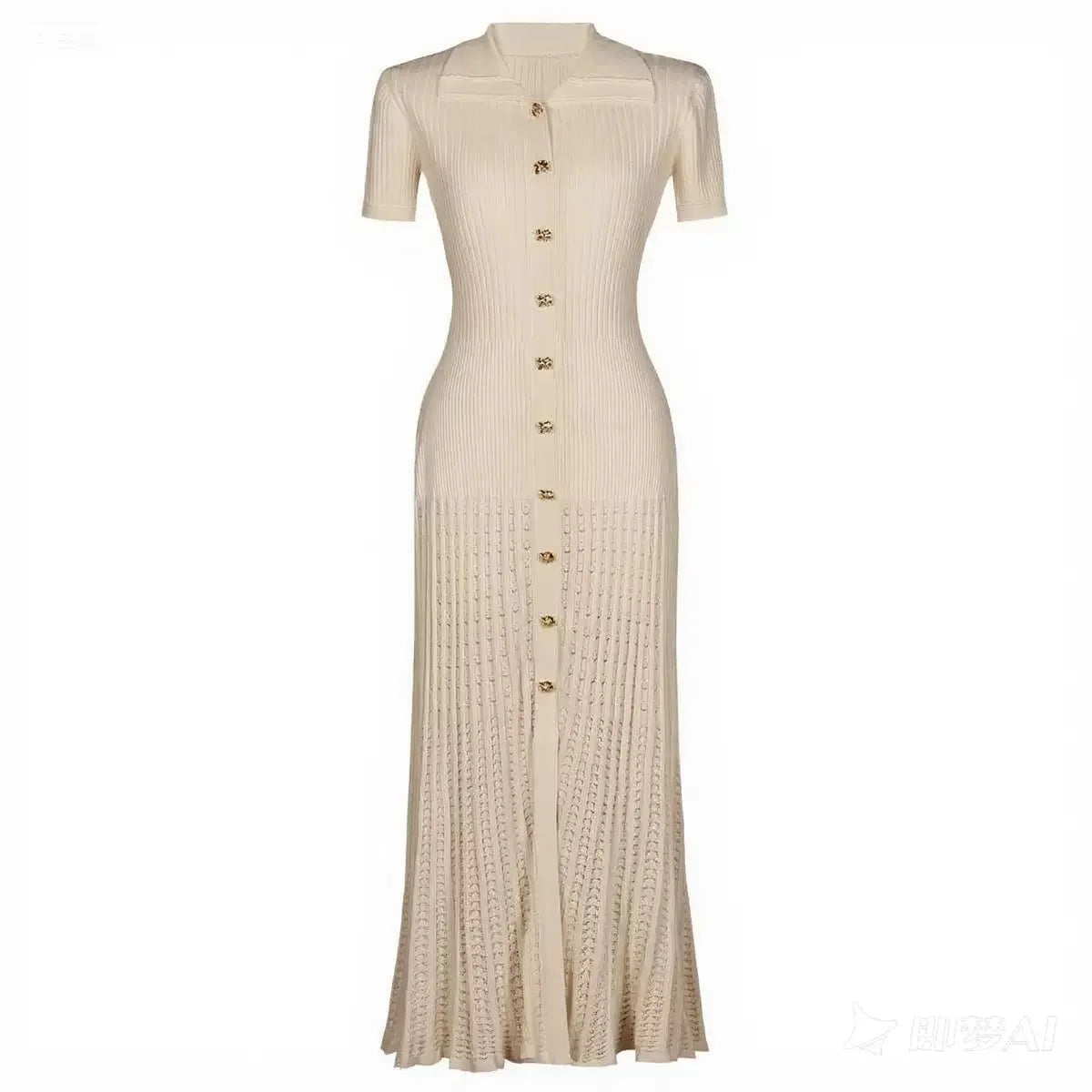 Vestido Midi em Tricô Canelado com Gola Boneca e Saia Plissada