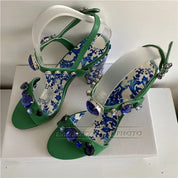 Sandália Luxuosa Diamond Crystal – Estampa Azul e Branco