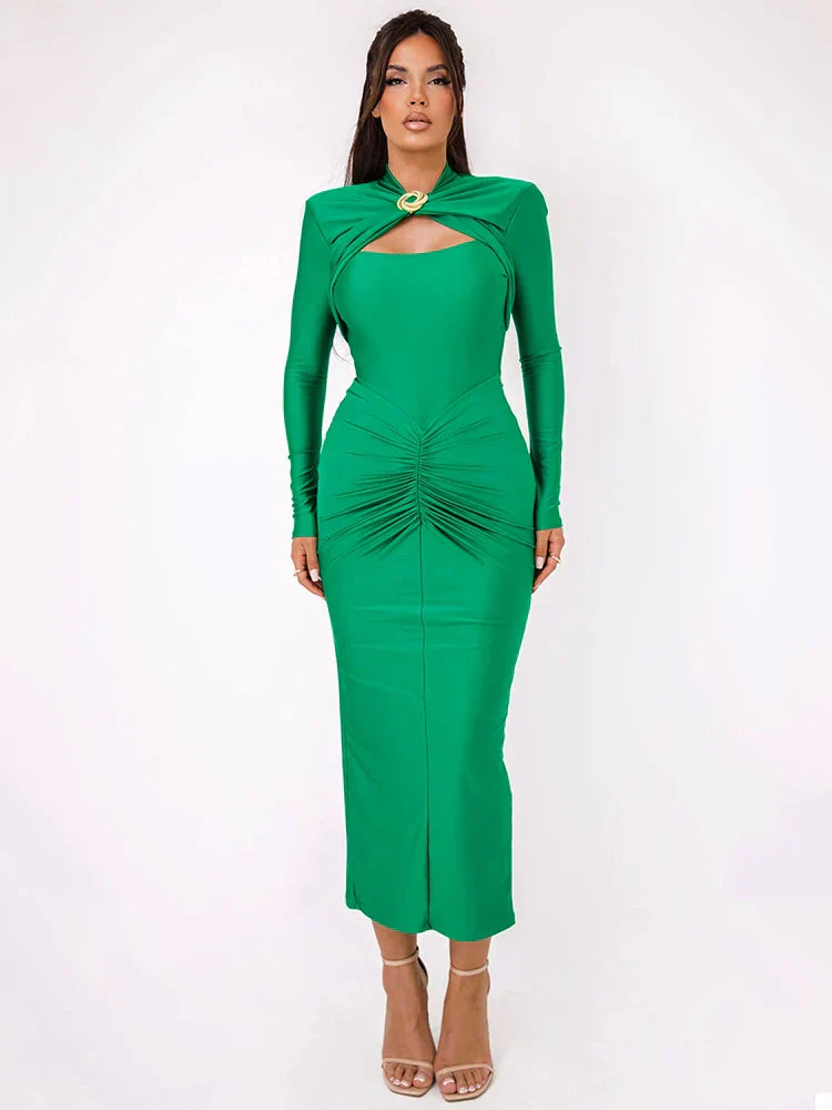 Bianca | Vestido Maxi em Malha com Fivela de Metal e Manga Longa