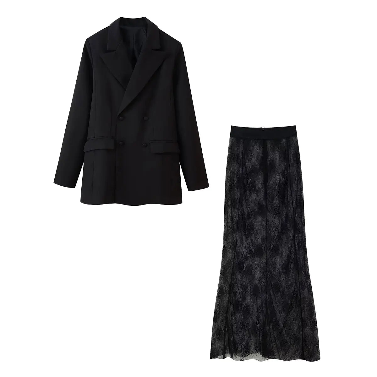 Conjunto Blazer Transpassado e Saia Evasê em Renda Trabalhada