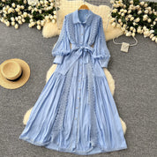 Mariana | Vestido Longo em Renda Patchwork com Botões e Cintura Ajustável