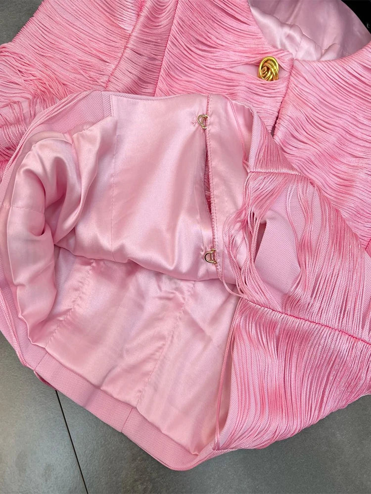 Jaqueta Curta de Luxo com Textura de Franjas Lineares e Botões Dourados