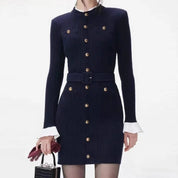 Vestido Midi Canelado com Detalhes em Splicing e Mangas Trombeta