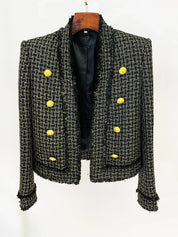 Blazer em Tweed Xadrez com Fios Dourados e Botões Ornamentais