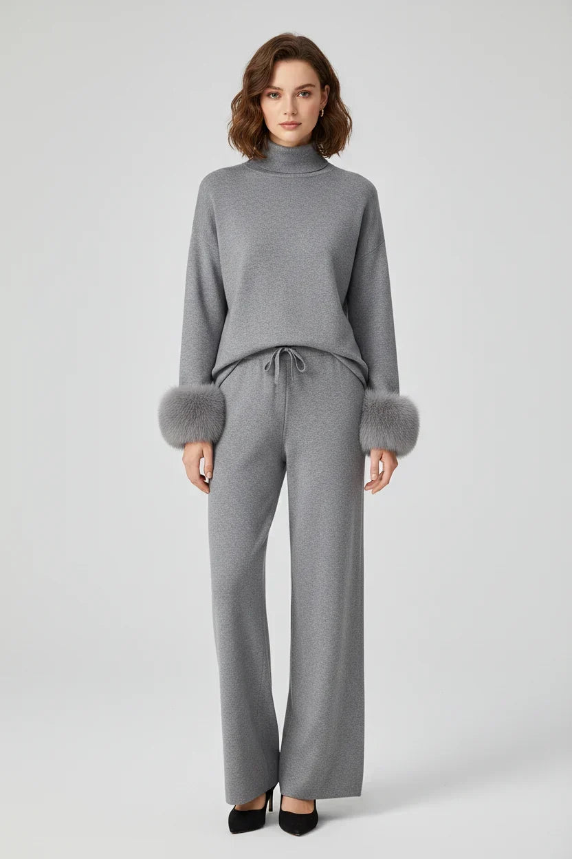Conjunto Sofisticado de Inverno: Blusa com Punhos em Textura e Calça