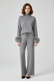 Conjunto Sofisticado de Inverno: Blusa com Punhos em Textura e Calça