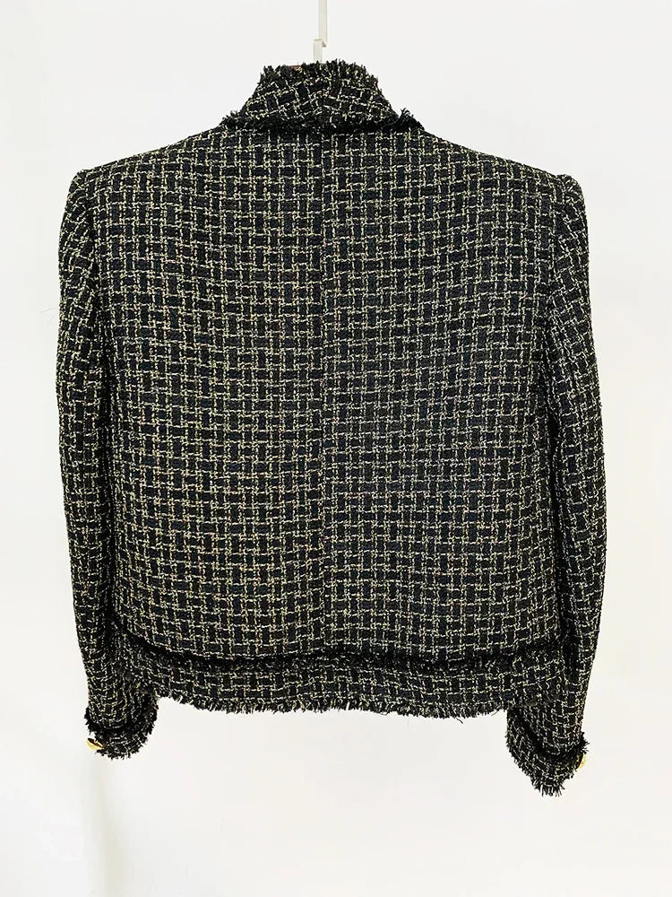 Blazer em Tweed Xadrez com Fios Dourados e Botões Ornamentais