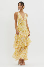Valentina | Vestido Longo Floral com Babados em Camadas e Decote V