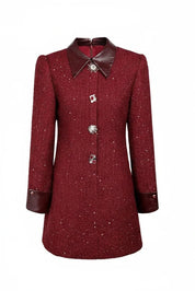 Casaco Vestido Mid-Length em Tweed Bordô com Botões Ornamentais