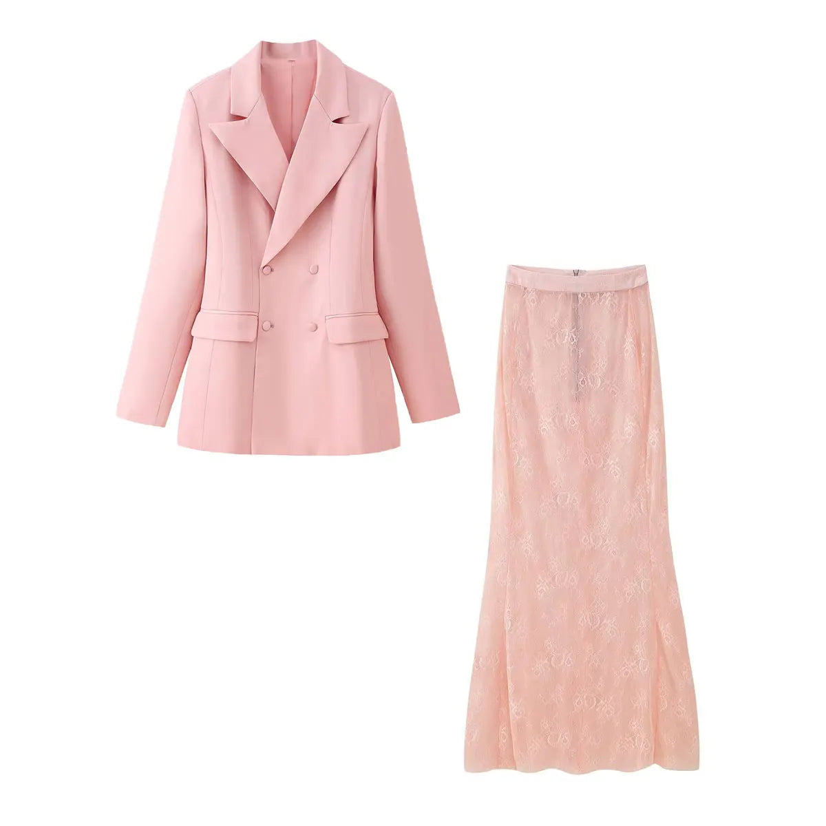 Conjunto Blazer Transpassado e Saia Evasê em Renda Trabalhada