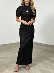 Conjunto Elegante em Tweed e Vestido Longo Escultural