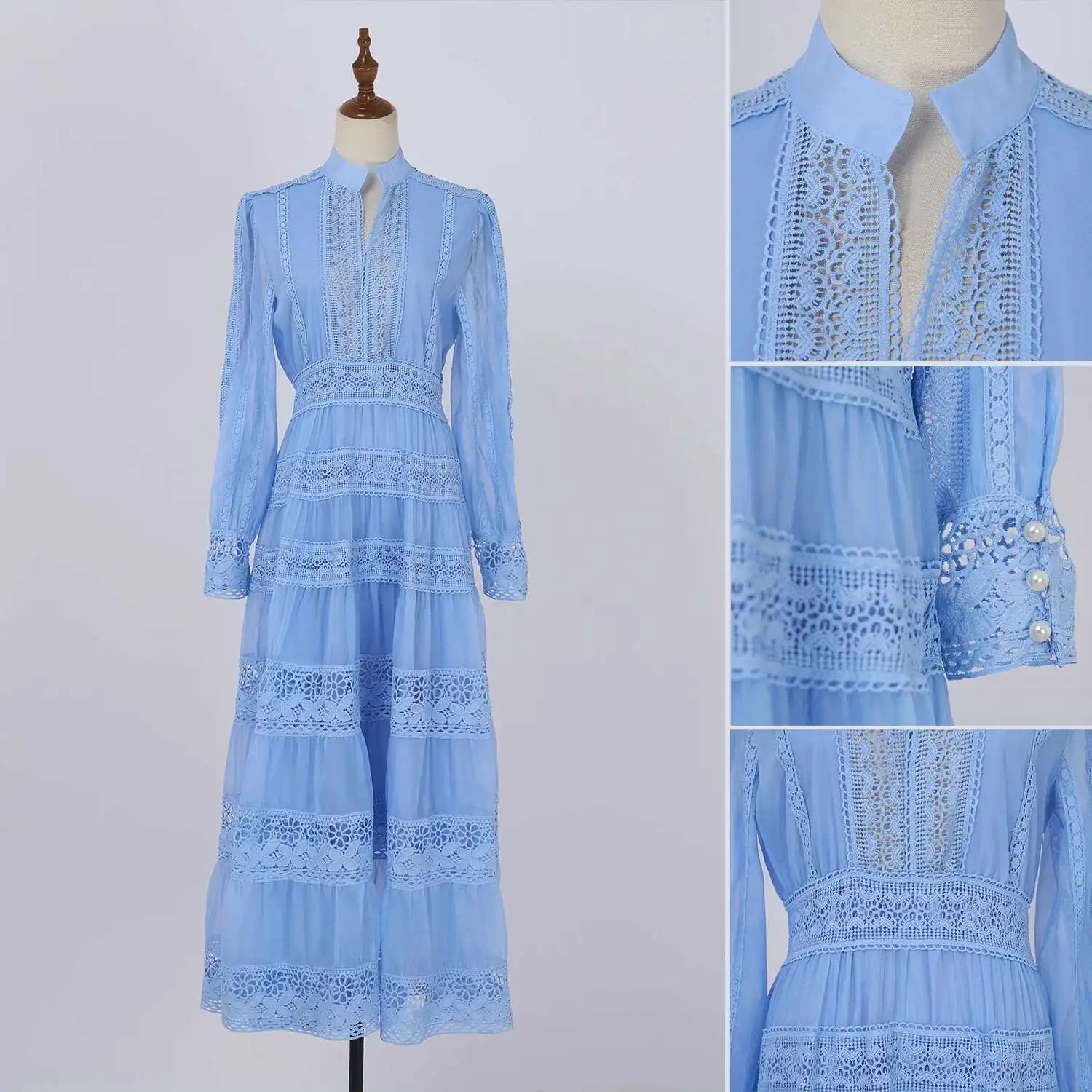 Cecília | Vestido Longo em Renda com Tecido 100% Algodão e Manga Longa