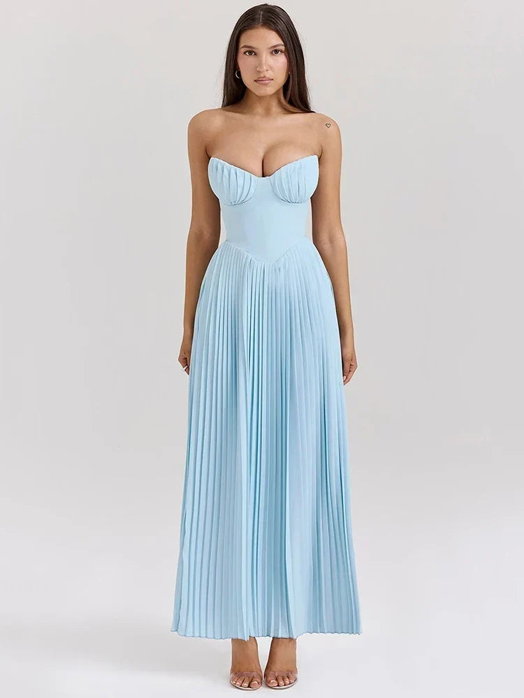 Vestido Longo Design de Espartilho, Saia Plissada e Luxo Moderno