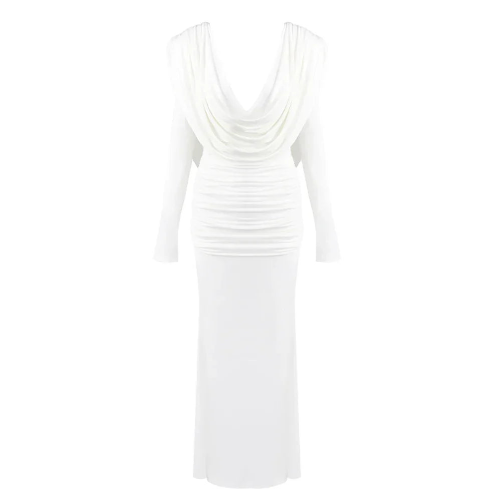 Vestido Longo Marrom com Gola Drapeada e Manga Longa