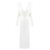 Vestido Longo Marrom com Gola Drapeada e Manga Longa