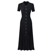 Vestido Midi em Tricô Canelado com Gola Boneca e Saia Plissada