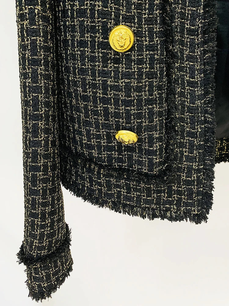 Blazer em Tweed Xadrez com Fios Dourados e Botões Ornamentais