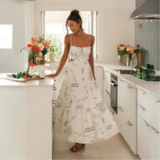 Lívia | Vestido Midi Branco com Estampa Botânica e Forro