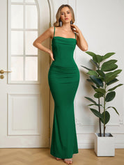 Rafaela | Vestido Longo Nude Franzido com Corte Sereia