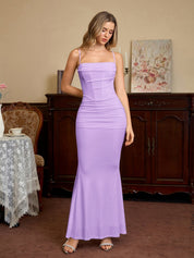 Rafaela | Vestido Longo Nude Franzido com Corte Sereia