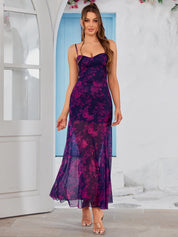 Violeta | Vestido Midi Lilás Tie-Dye com Corpete Franzido e Alças Finas