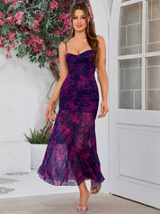 Violeta | Vestido Midi Lilás Tie-Dye com Corpete Franzido e Alças Finas