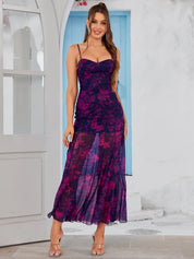 Violeta | Vestido Midi Lilás Tie-Dye com Corpete Franzido e Alças Finas