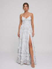 Lídia | Vestido Longo Floral em Tule com Fenda e Decote em V Profundo