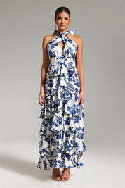 Vestido Longo Estampado com Decote em V, Cintura Alta e Saia em Linha A – Elegância Leve para Dias de Verão