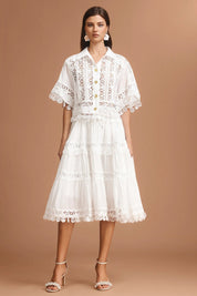 Conjunto Vintage em Renda Bordada com Camisa de Lapela e Saia Elegante – Sofisticação Atemporal